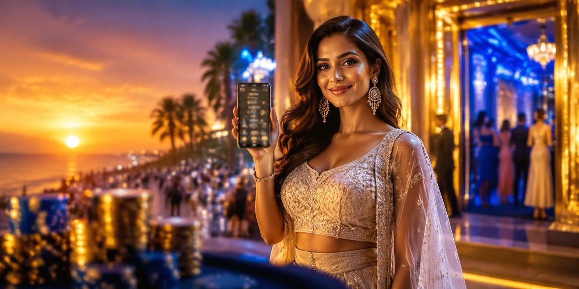 Player using casino app with Bollywood theme