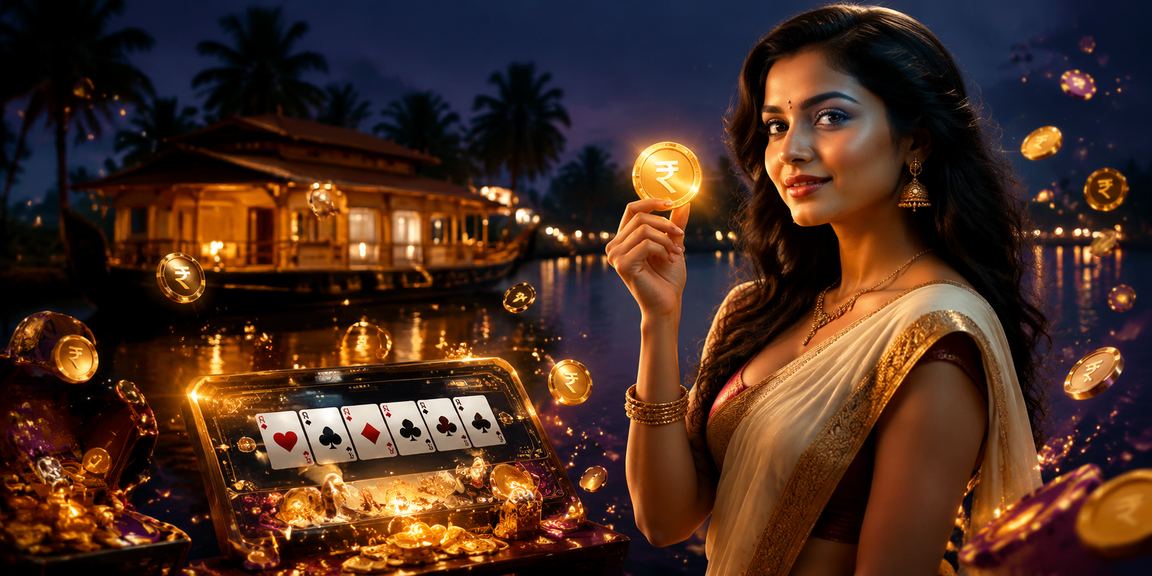Peaceful Kerala backwaters with overlay of poker chips and rupees